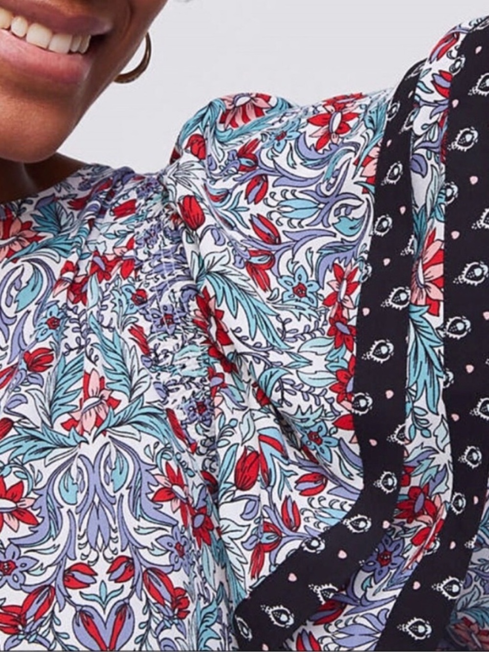 LOFT Red & Teal Floral Flutter Sleeve Blouse - Picture 2 of 7